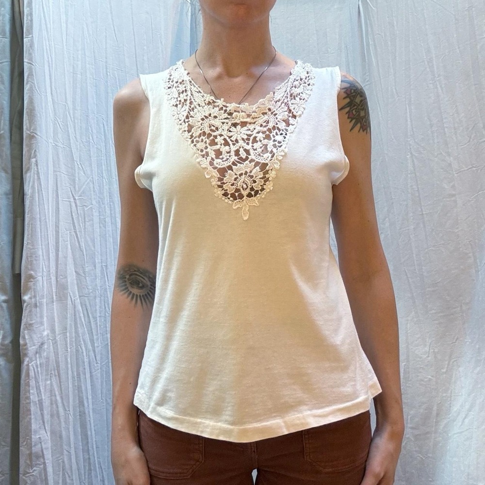 White Cream Lace Tank Tp Ornate Lace Applique Neckline Bodice Vintage 90s Cotton